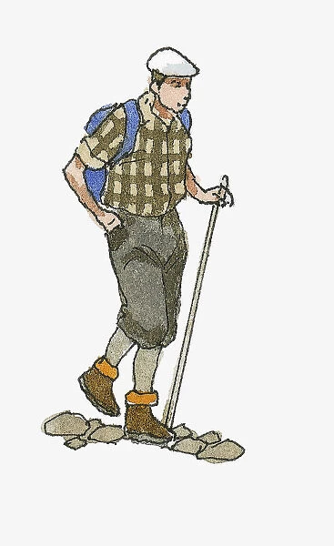 Illustration of man hill walking holding hiking pole