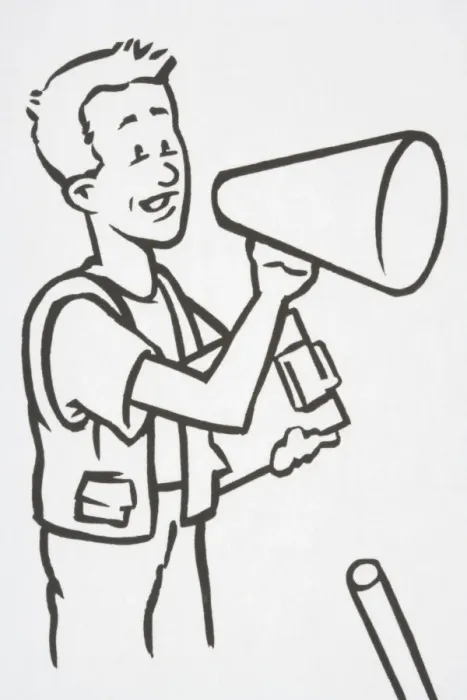 Framed Print : Illustration, man holding clipboard and speaking into loudspeaker, side view Framed Print : Illustration, man holding clipboard and speaking into loudspeaker, side view