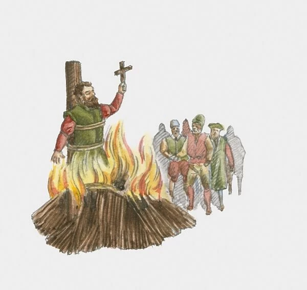 Illustration of man holding cross being burned to death at stake during 16th Century Reformation in Europe
