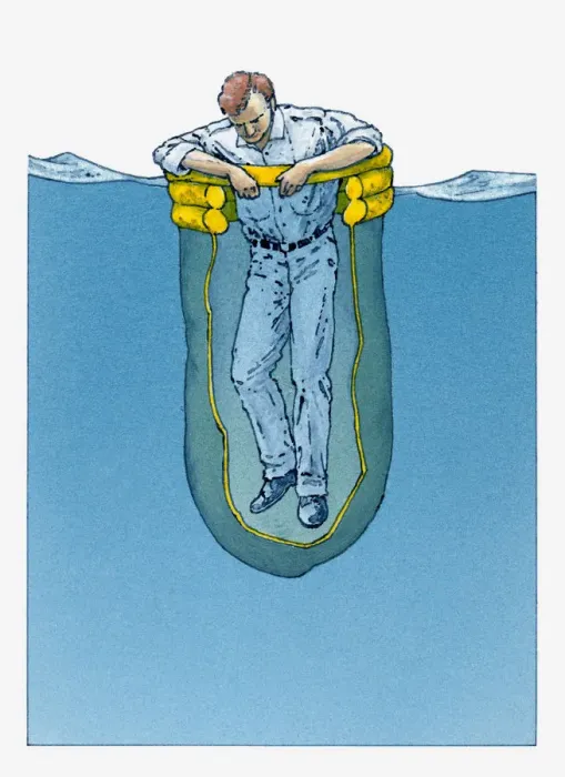 Framed Print : Illustration of a man inside a shark screen bag entering water Framed Print : Illustration of a man inside a shark screen bag entering water