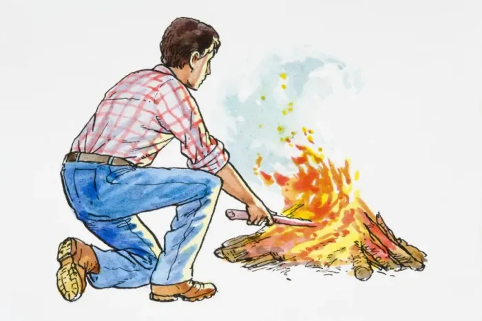 Framed Print : Illustration of man kneeing down to stoke bonfire with stick