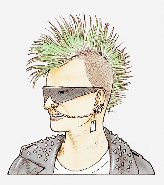 Illustration of man with mohican haircut, sunglasses and chain