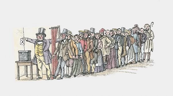 Illustration of man placing voting slip in ballot box at front of long line of voters