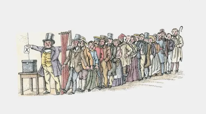 Framed Print : Illustration of man placing voting slip in ballot box at front of long line of voters