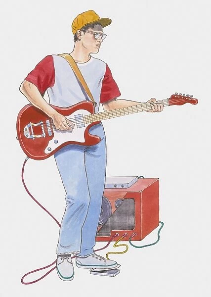Illustration of man playing electric guitar, using foot pedal to change sounds, and amplifier