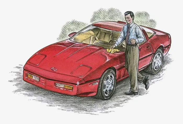Framed Print : Illustration of man polishing red sports car Framed Print : Illustration of man polishing red sports car