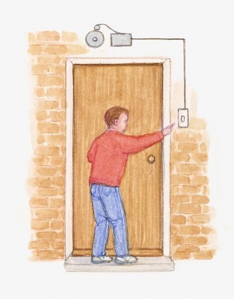 Illustration of man pressing electromagnetic doorbell