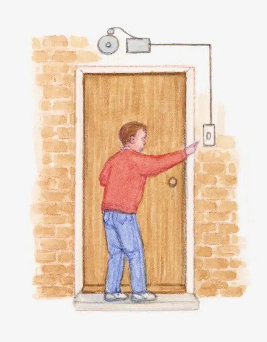 Framed Print : Illustration of man pressing electromagnetic doorbell Framed Print : Illustration of man pressing electromagnetic doorbell