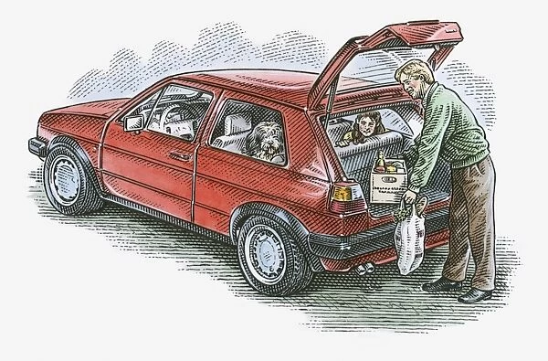 Illustration of man putting groceries in hatchback car