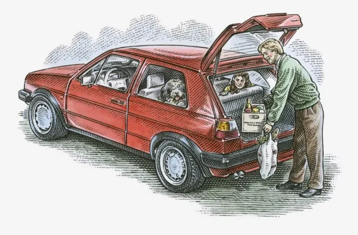 Framed Print : Illustration of man putting groceries in hatchback car