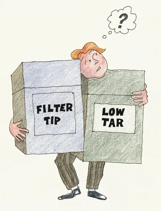 Framed Print : Illustration of man with question mark above head holding two oversized filter tip and low tar cigarette packs