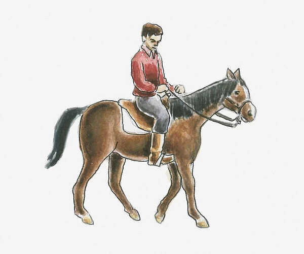 Illustration of man riding a brown horse