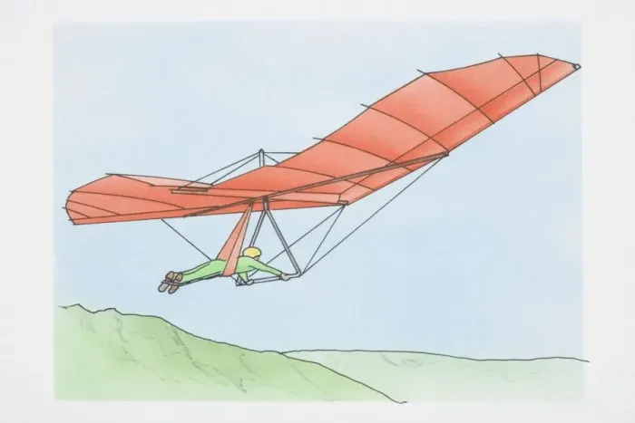 Framed Print : Illustration, man riding red hang glider over green hills, side view Framed Print : Illustration, man riding red hang glider over green hills, side view