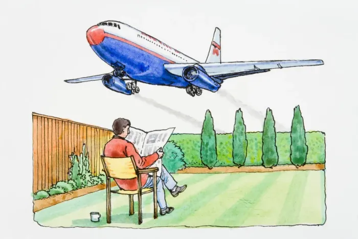 Framed Print : Illustration of man sitting in chair on lawn in garden reading newspaper as commercial airliner flies low above