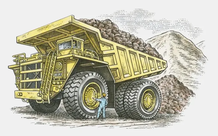 Framed Print : Illustration of man standing near wheel of giant dumper truck Framed Print : Illustration of man standing near wheel of giant dumper truck