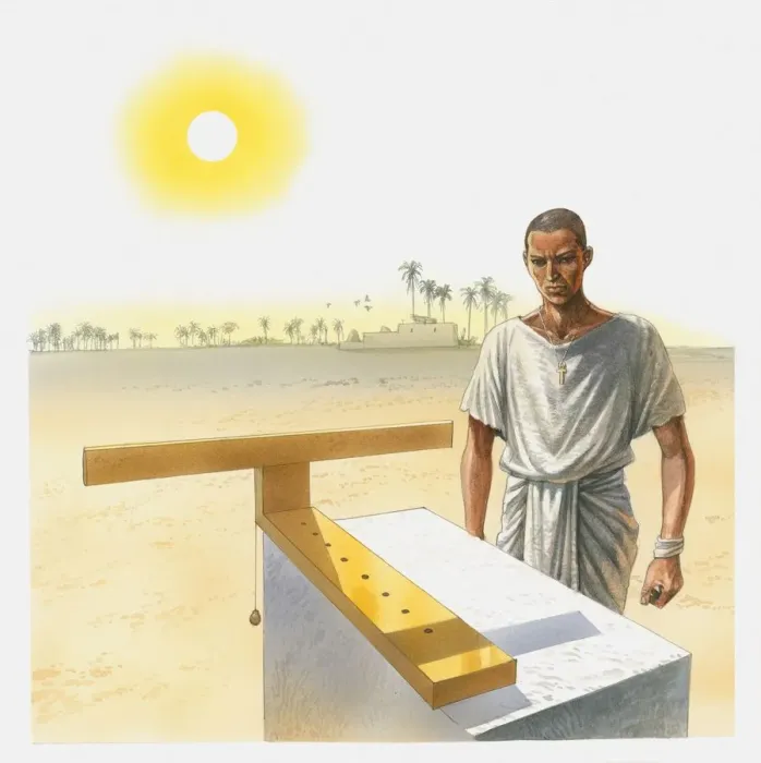 Framed Print : Illustration of man standing next to a t-shaped sundial, Ancient Egypt Framed Print : Illustration of man standing next to a t-shaped sundial, Ancient Egypt
