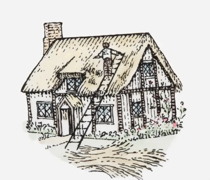 Framed Print : Illustration of man thatching cottage roof Framed Print : Illustration of man thatching cottage roof