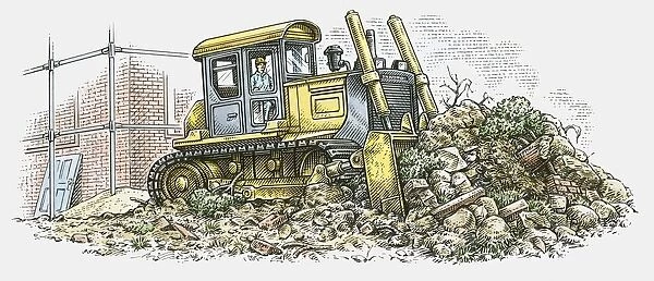 Illustration of man using bulldozer on construction site