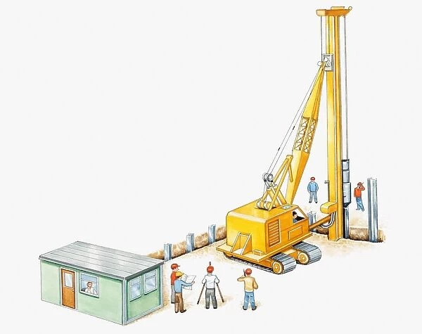 Illustration of man using pile driver on construction site