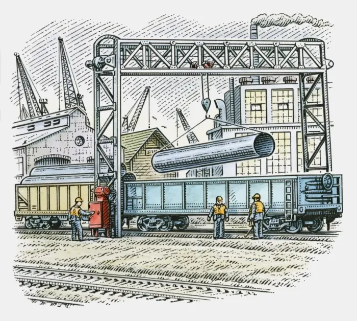Framed Print : Illustration of man using pulley to lift steel pipe from cargo train