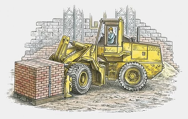 Illustration of man using wheel loader to pick up stack of bricks