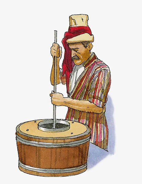 Illustration of man wearing traditional Turkish clothing, making cheese