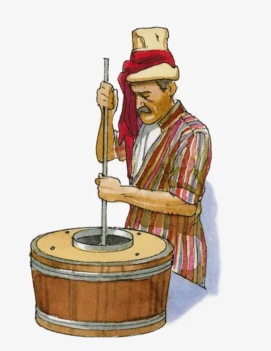 Framed Print : Illustration of man wearing traditional Turkish clothing, making cheese