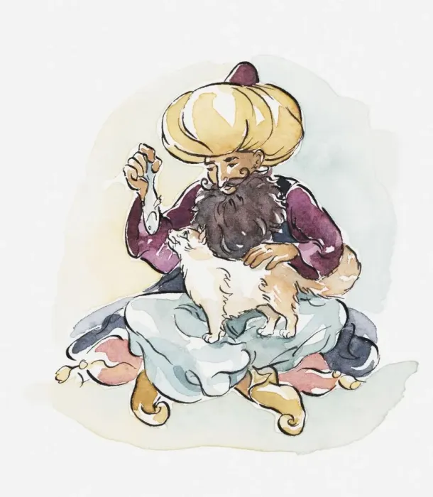 Framed Print : Illustration of man wearing a turban feeding a fish to a Turkish van cat, also known as Turkish swimming cat