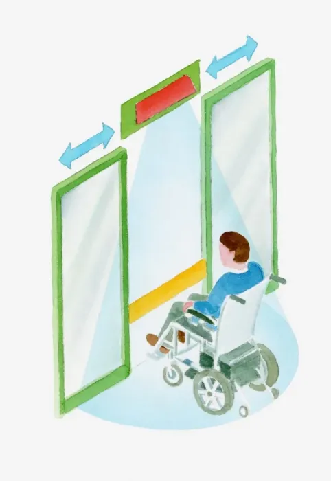 Framed Print : Illustration of a man in a wheelchair approaching an automatic door with sensor beam