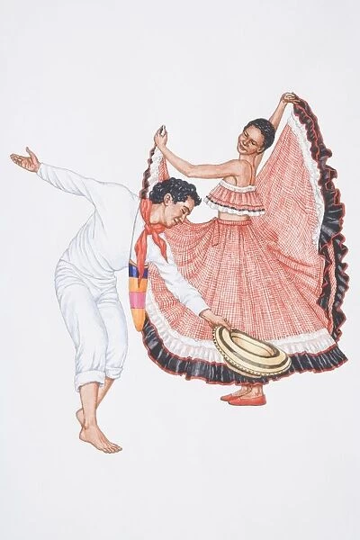 Illustration, man and woman dancing the cumbia, a Columbian folk dance, side view