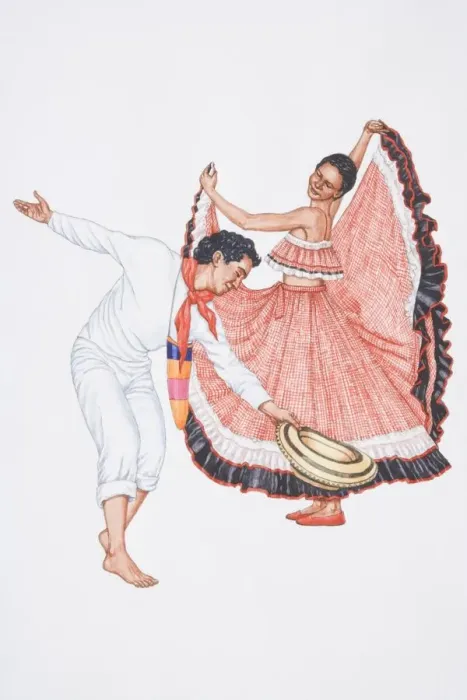 Framed Print : Illustration, man and woman dancing the cumbia, a Columbian folk dance, side view