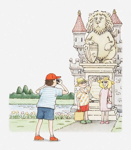 Illustration of man and woman having their picture taken in front of a lion statue, outside a castle
