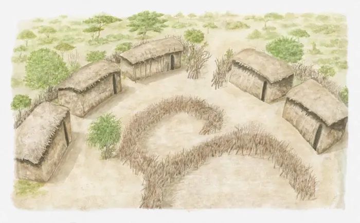Framed Print : Illustration of a Manyatta where a Msai family would live Framed Print : Illustration of a Manyatta where a Msai family would live