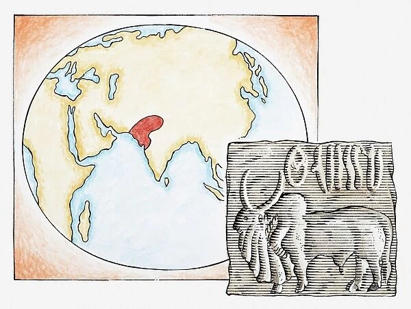 Illustration of map highlighting Indus Valley region and ancient tablet showing water buffalo
