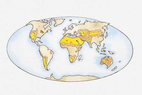 Illustration, map of the world showing desert regions (yellow) and regions in danger of desertification (orange)