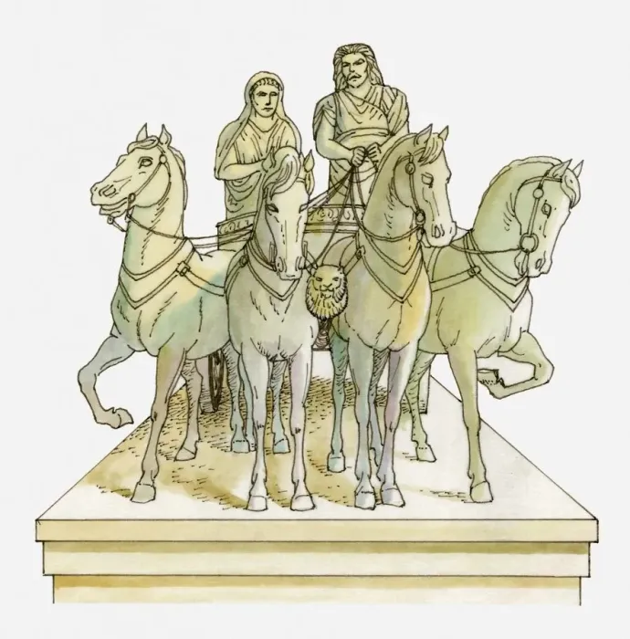 Framed Print : Illustration of marble statue of Mausolus and Artemisia of Caria in horse-drawn chariot, on top of Mausoleum of Halicarnassus Framed Print : Illustration of marble statue of Mausolus and Artemisia of Caria in horse-drawn chariot, on top of Mausoleum of Halicarnassus