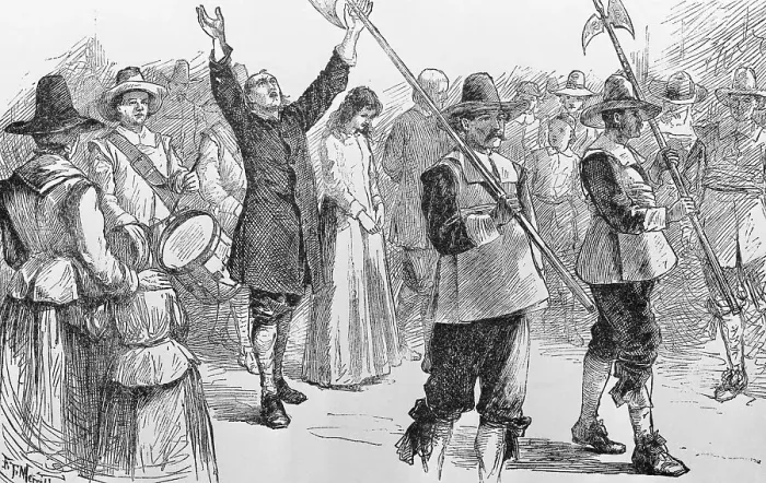 Framed Print : Illustration of Mary Dyer, William Robinson, and Marmaduke Stevenson Walking to Their Execution