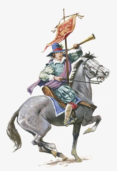 Illustration of Mary Frith (Moll Cutpurse) on horseback holding horn and banner