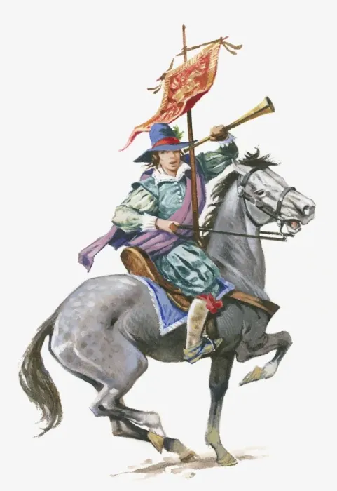 Framed Print : Illustration of Mary Frith (Moll Cutpurse) on horseback holding horn and banner