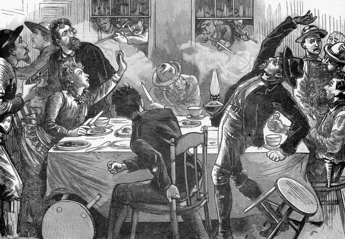 Framed Print : Illustration of the McCoys Storming the Hatfield Headquarters Framed Print : Illustration of the McCoys Storming the Hatfield Headquarters