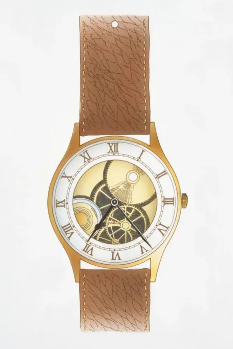 Framed Print : Illustration, mechanical wristwatch with roman numerals, brown leather strap, internal gold wheels and springs visible Framed Print : Illustration, mechanical wristwatch with roman numerals, brown leather strap, internal gold wheels and springs visible