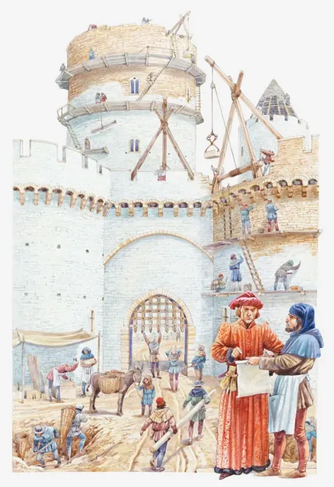 Framed Print : Illustration of a medieval castle being built Framed Print : Illustration of a medieval castle being built
