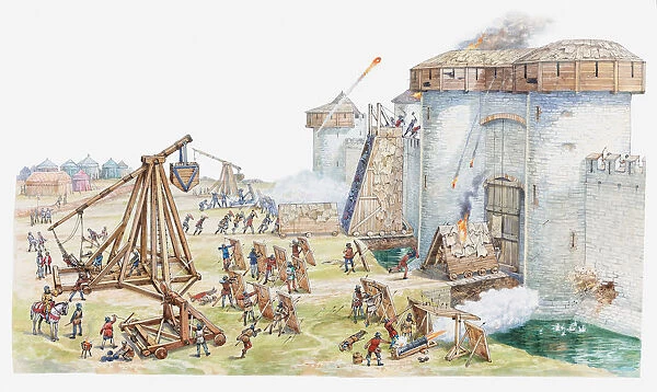Illustration of medieval castle under siege and being attacked by enemy