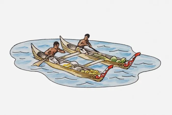 Framed Print : Illustration of two men in canoes loaded with tropical fruit Framed Print : Illustration of two men in canoes loaded with tropical fruit