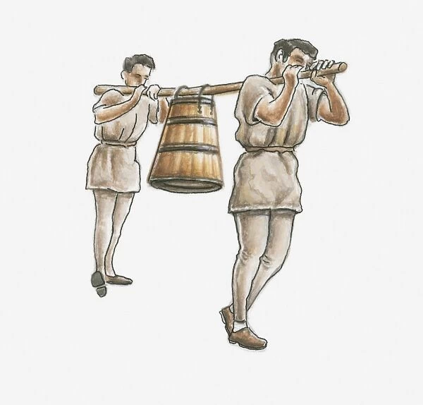 Illustration of two men carrying barrel using a yoke