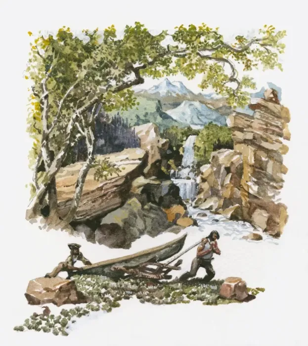 Framed Print : Illustration of two men dragging canoe on land near waterfall in mountain region Framed Print : Illustration of two men dragging canoe on land near waterfall in mountain region