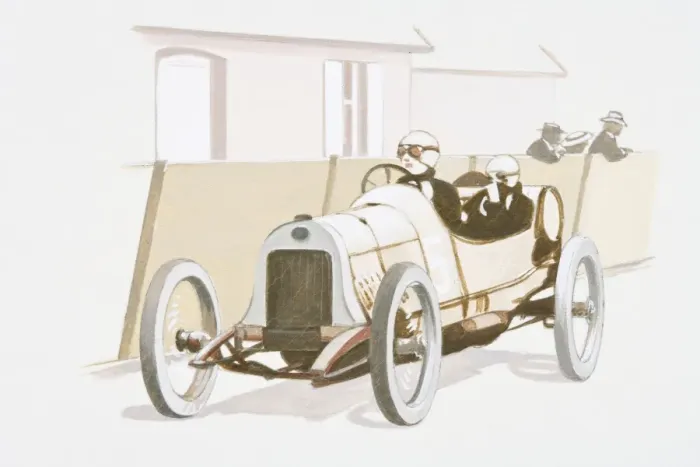 Framed Print : Illustration of two men in old fashioned racecar wearing helmet and goggles, with spectators in background Framed Print : Illustration of two men in old fashioned racecar wearing helmet and goggles, with spectators in background