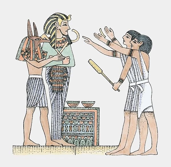 Illustration of men paying respect to Egyptian god of medicine Imhotep as he stands before them