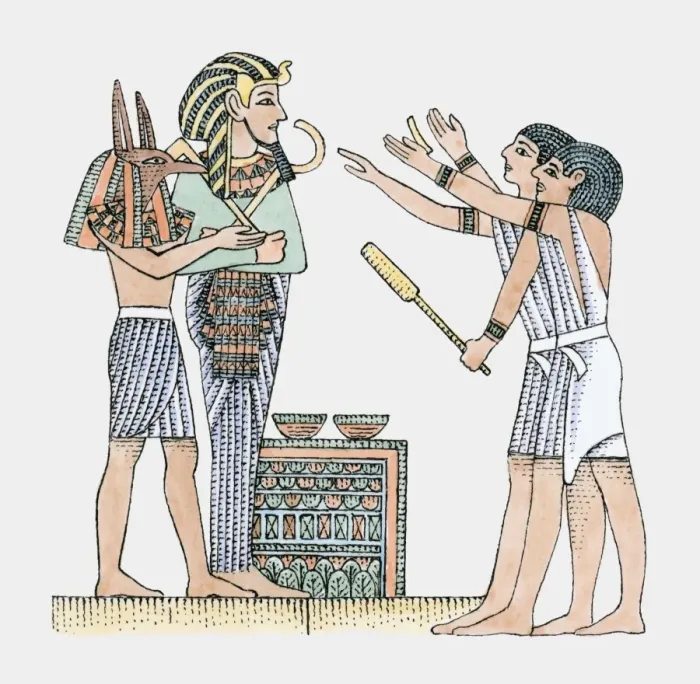 Framed Print : Illustration of men paying respect to Egyptian god of medicine Imhotep as he stands before them
