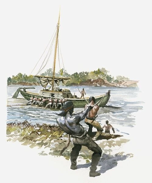 Illustration of men pulling boat to shore from river